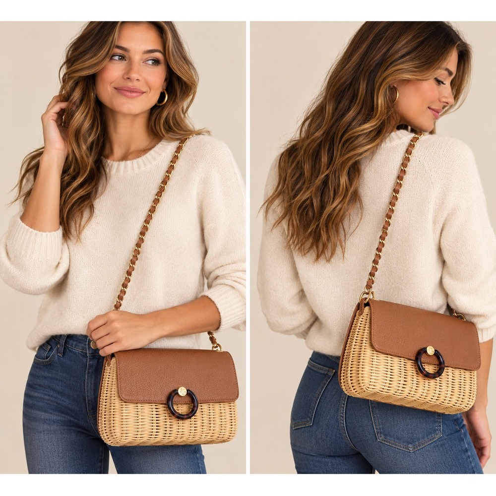 Ted Baker Janiya Rattan Wicker Crossbody Bag Brown Tortoise Ring Chain Purse